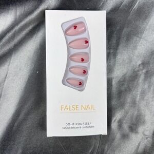 24pcs Valentine's Day Almond Press On Nails Medium Red Heart Nude False Art NEW